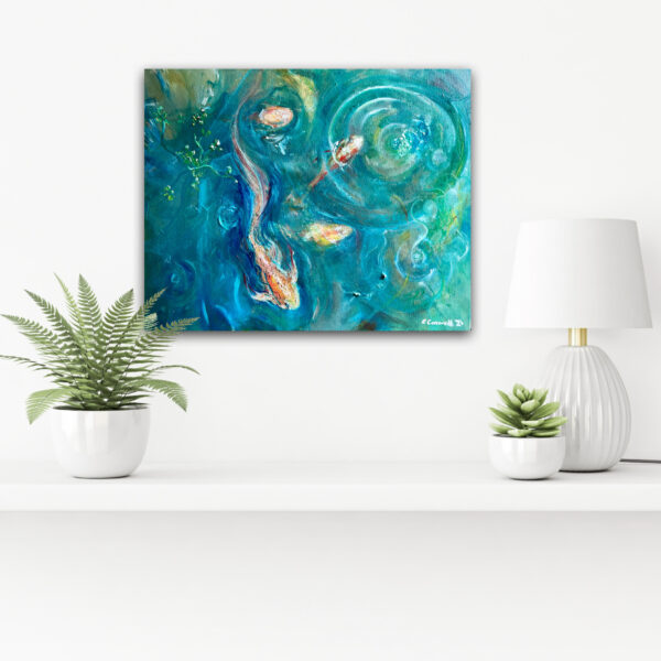 Oil painting in rich pthalo greens and blues, depicting a pond with four goldfish, ripples of water and bubbles - mockup with houseplant and lamp