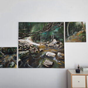 3 canvases displayed on wall - creek scene original artwork commission